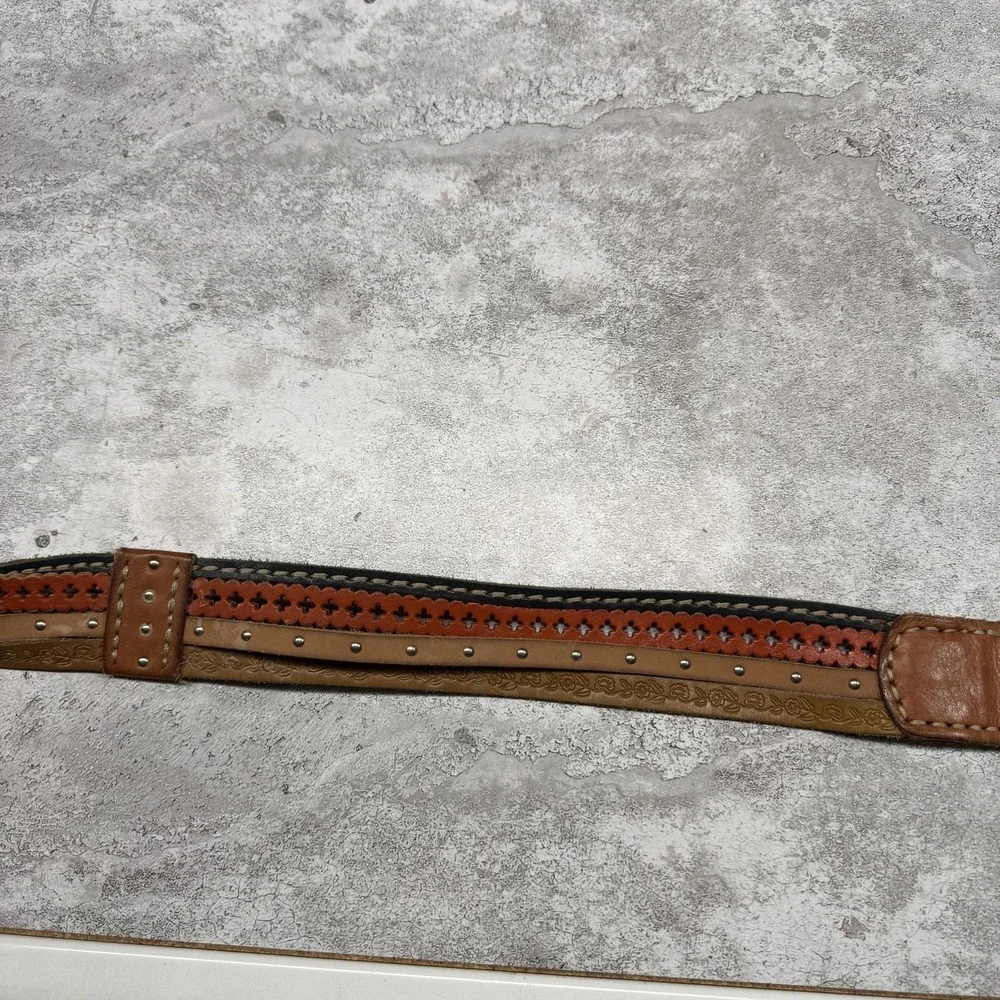 Fossil Belt Womens Small Brown Genuine Leather Western Studded Tooled Braided